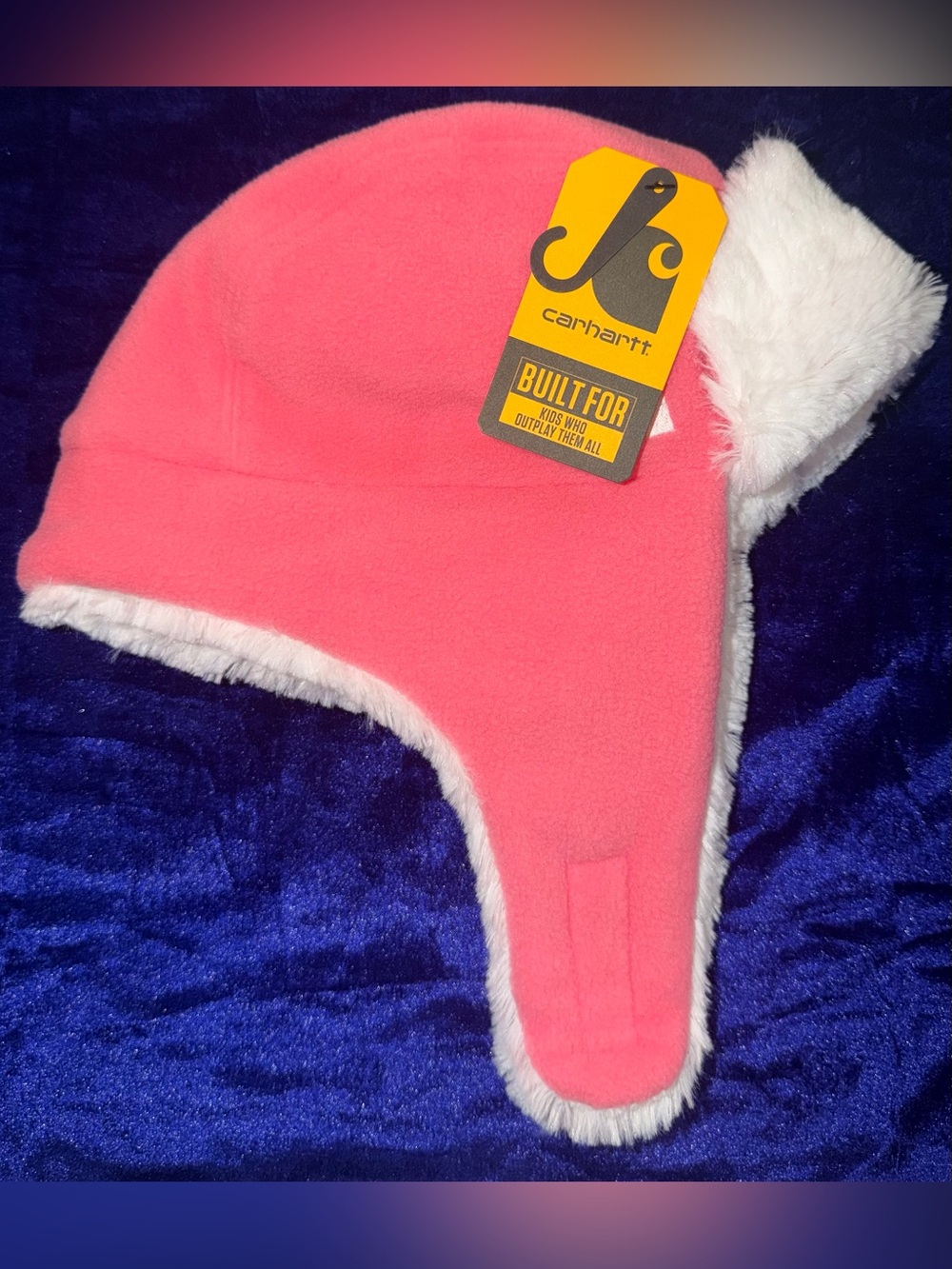 Carhartt Kids Coral Pink Fleece Trapper Hat with White Faux Fur